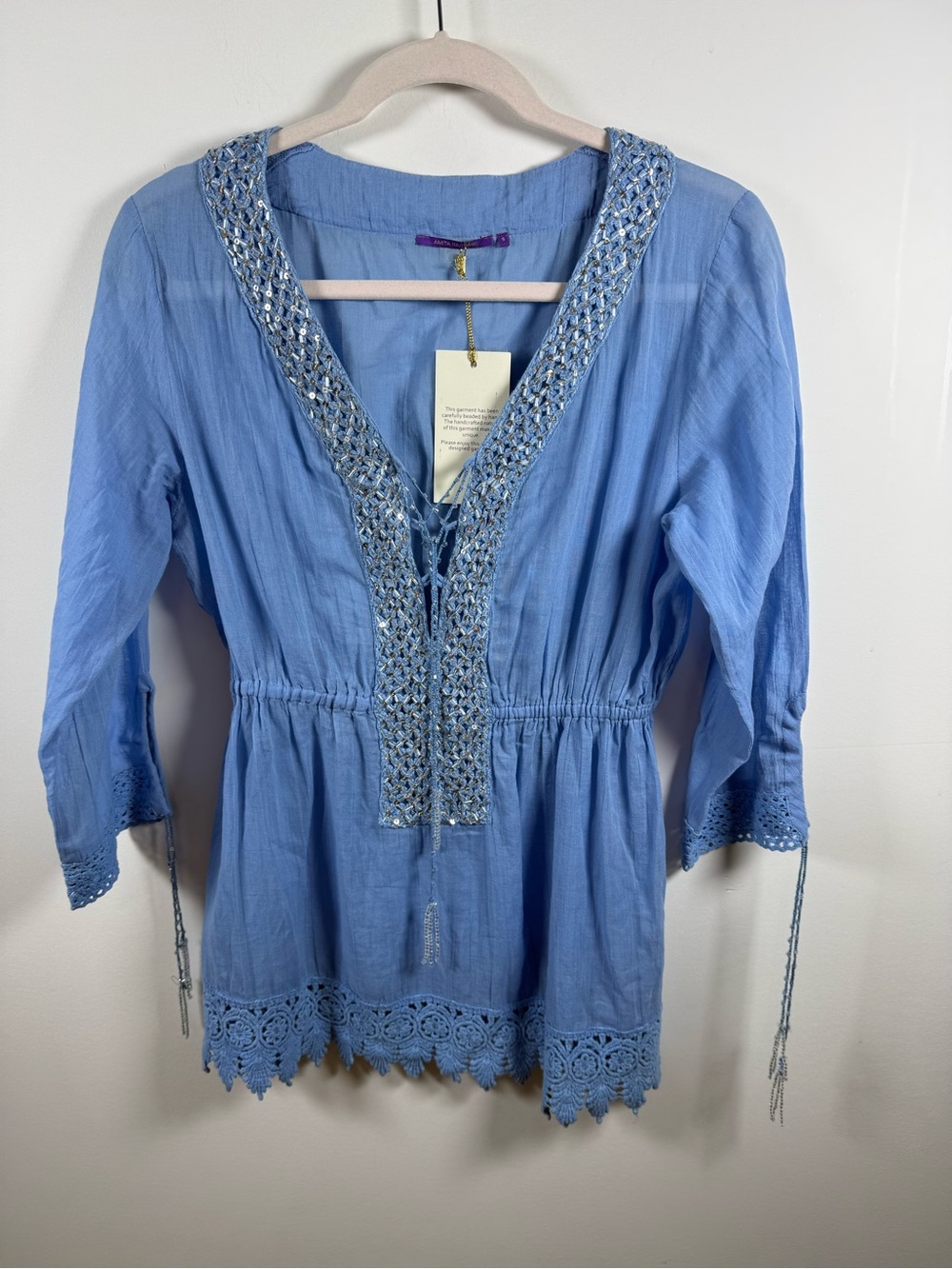 AMITA NAITHANI | BNWT Blue Boho Resort Beaded Blouse Tunic Size S